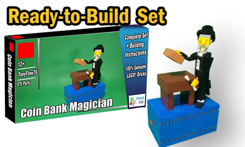 Buy NOW this LEGO Automaton as LEGO Set, with 100% genuine LEGO bricks, on BuildaMOC website | Coin Bank Magician from TonyFlow76 | Planet GBC